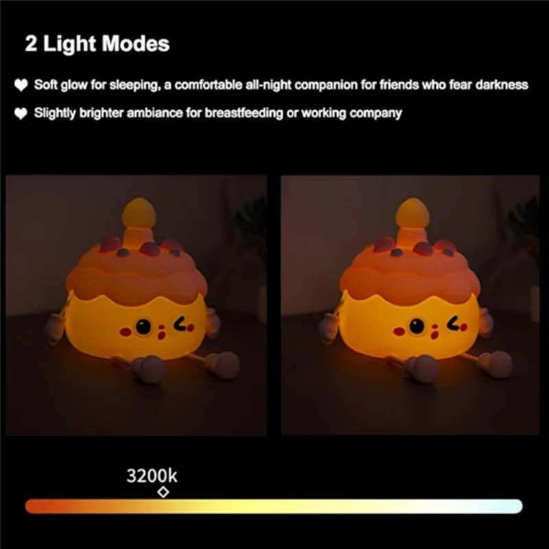 LICE-Cute كعكة عيد الميلاد مصباح الليل USB مصباح النوم القابل لإعادة الشحن 2 مستوى من تعديل السطوع للضوء الليلي
