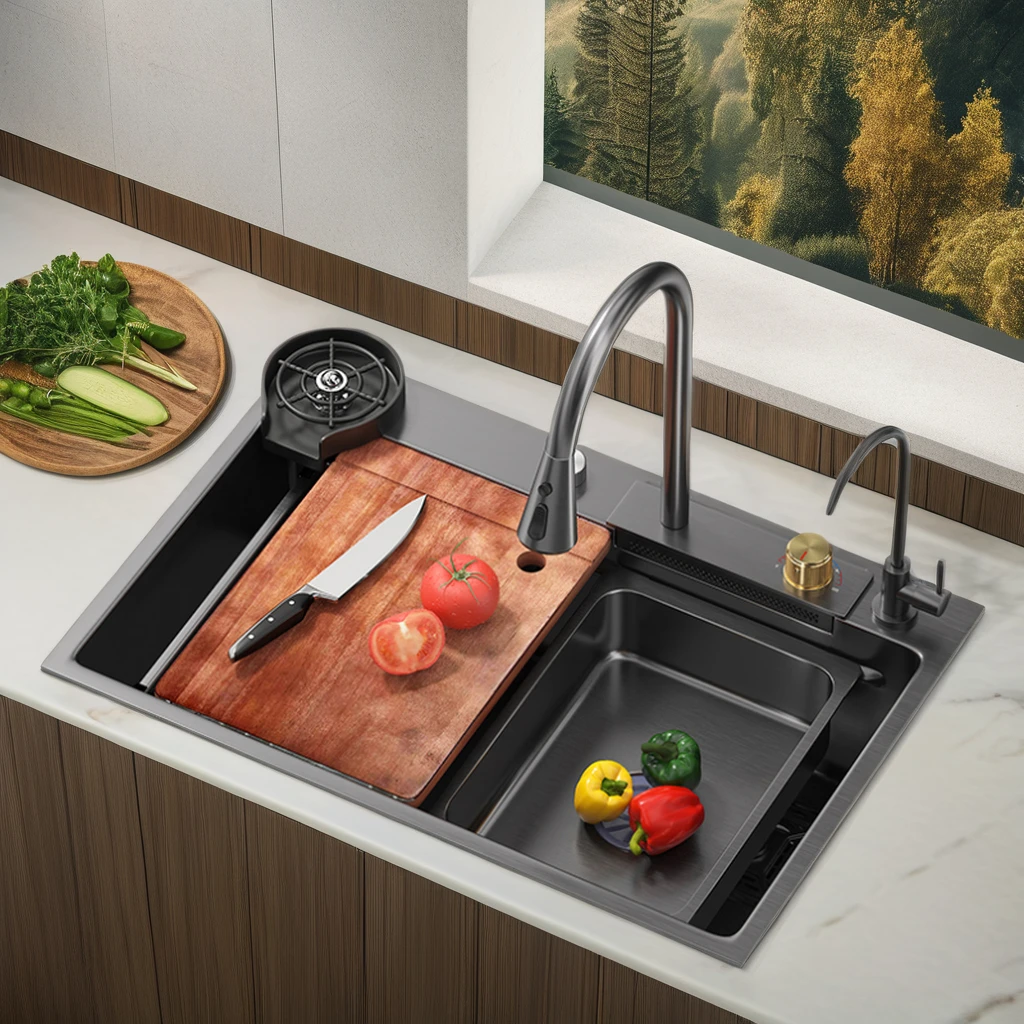 Multifunctional Anti-Scratch LED Digital Display Kitchen Sink Black Nano Workstation With Double Bowl Cup Washer