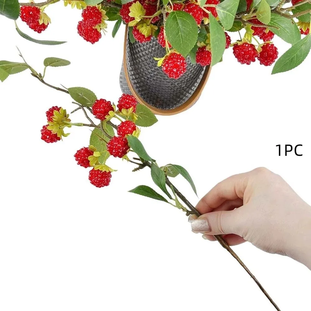 

Green Leaves Artificial Raspberry Branch Luxury Faux Red Raspberry Mulberry Fruit Plants Elegant Plastic Fake Plants