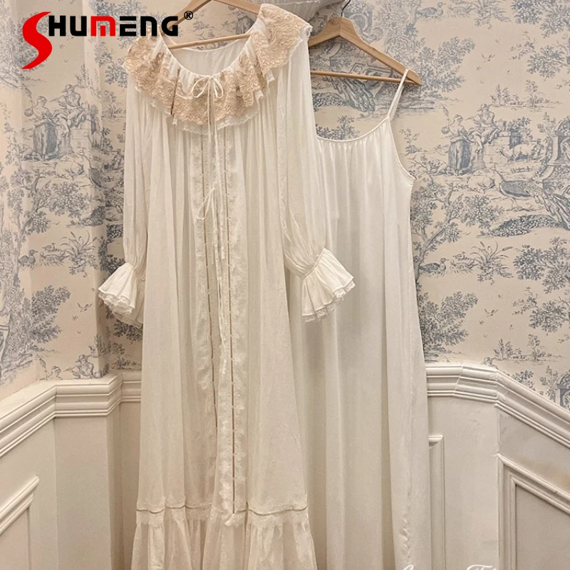 

Morning Gown Homewear with Chest Pads Girls Palace Style Pure Cotton Gauze Nightgown Two Piece Set Women Fairy Nightwear