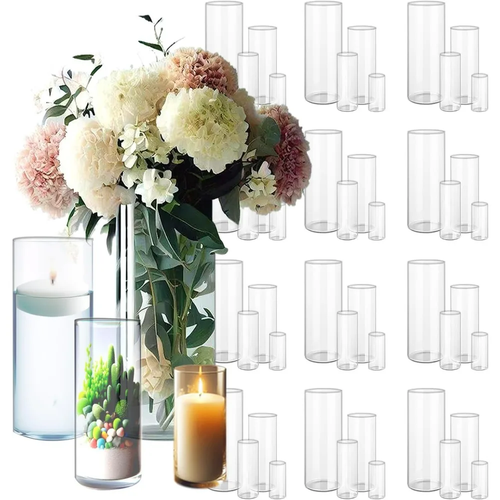 

48 pieces set of transparent glass cylindrical vases for center decoration - floating candle vase holders of different sizes