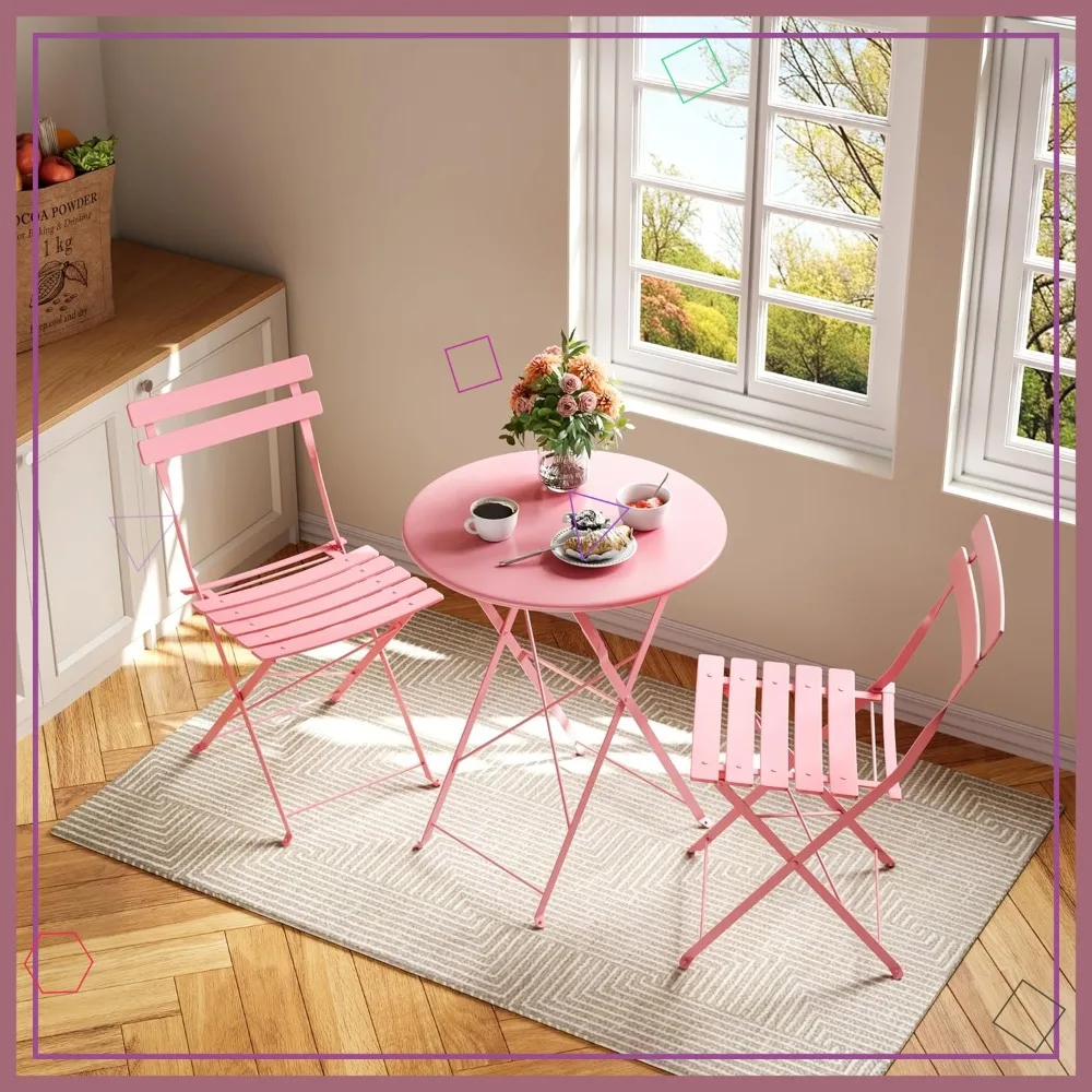 

Pink Folding Bistro Table and 2 Chairs Set, Indoor/Outdoor Patio Furniture for Balcony Garden