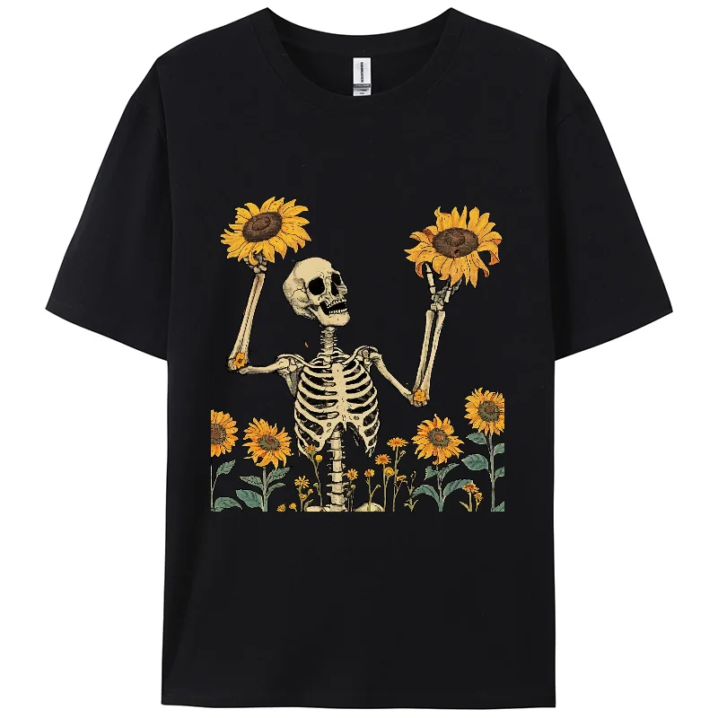 Summer Casual T-shirts,  Berserk Women Short T-shirts Skull Sunflower Graphic Print TShirt, Short Sleeve,100% Cotton, Oversided