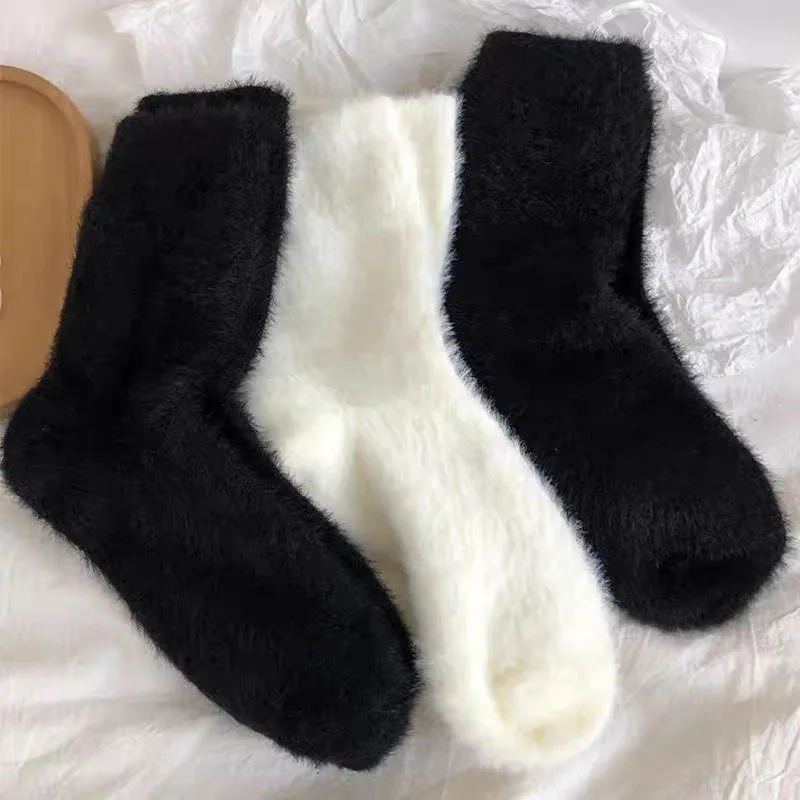 Harajuku Cute Mink Velvet White Black Socks Autumn Winter Elastic Thickened Plush Lovely Thermal Kawaii Coral Velvet Sleep Sock