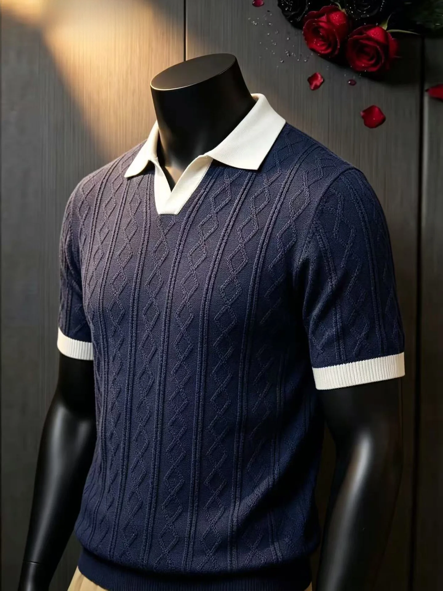 Navy Knitted  Shirt Men's Short Sleeve Summer Color Block Luxury Flip Collar T-Shirt Lightweight Elegant Half Sleeve