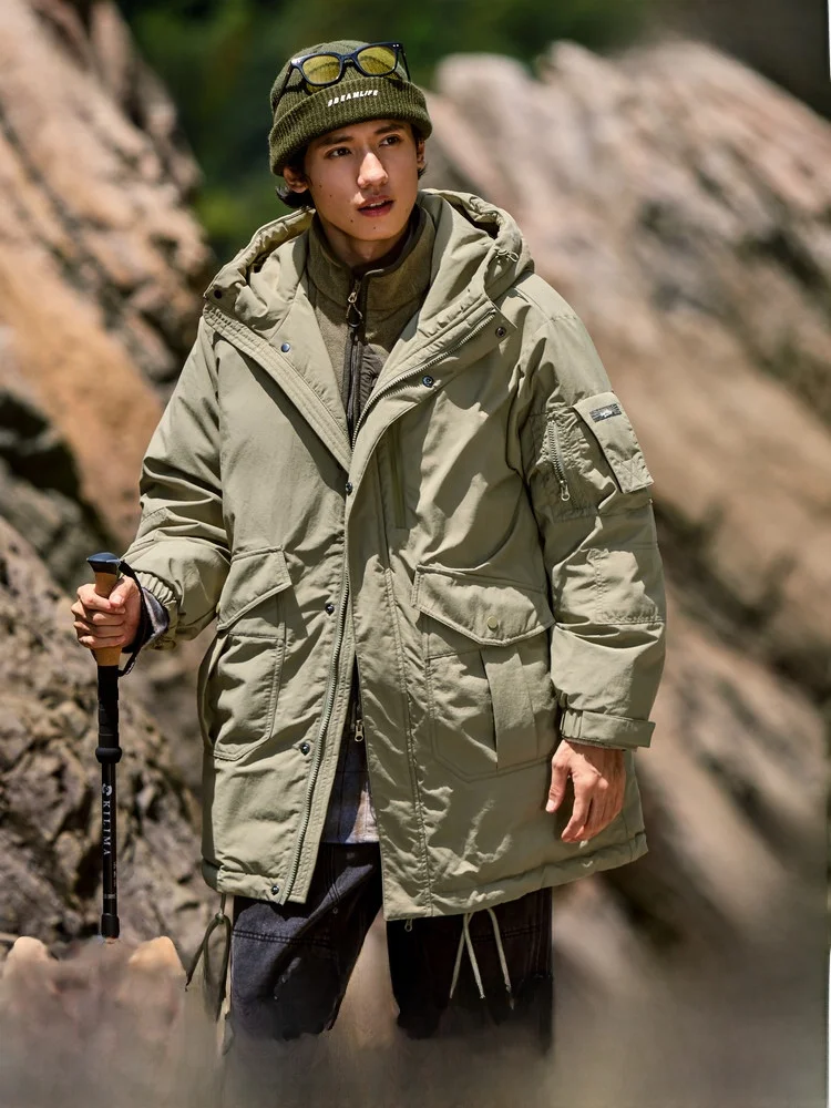 

ex Snowproof Outdoor Mountain Series Mid-Length Du down Jaet Warm Youth Faion Nylon Fabric Hooded Straight Cut Coat