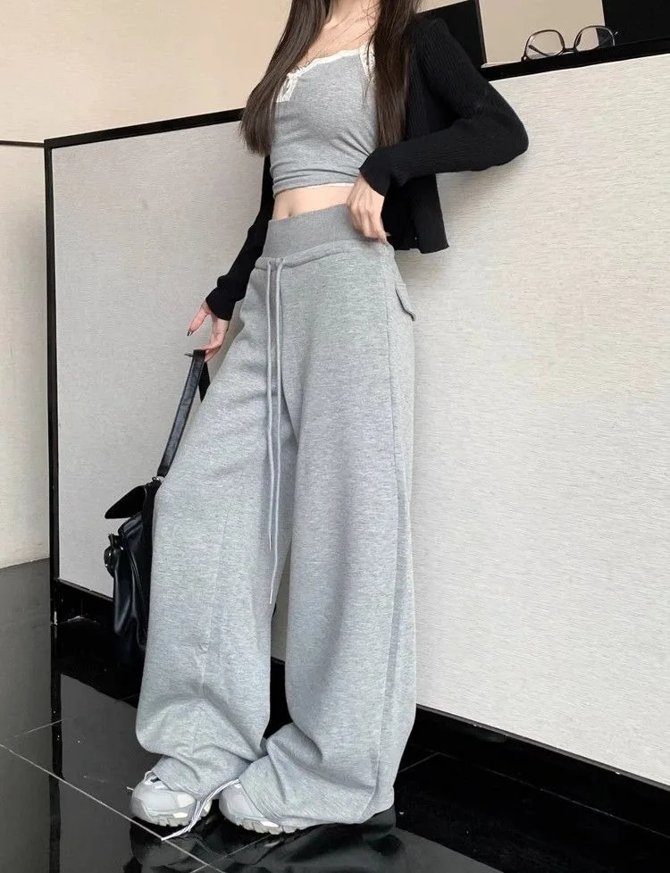 Damen-Sweatpants mit hoher Taille und geradem Bein, gerippter Bund, amerikanische Freizeitmode, weite Beine, angenehmes Tragegefühl, Sportmode – Detail 4