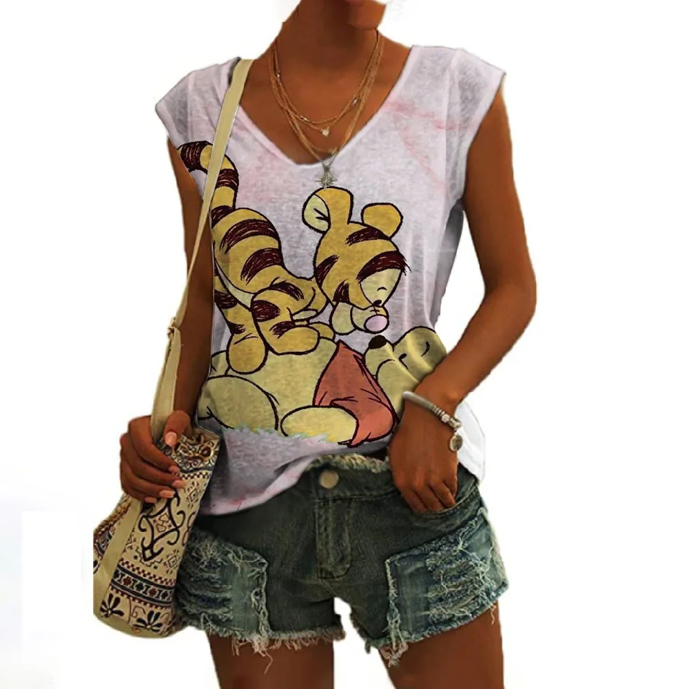 Summer New Cute Winnie the Pooh Anime Street Sleeveless V-Neck Vest Disney Print Fashion Versatile Casual Ladies Slim Tops Y2K