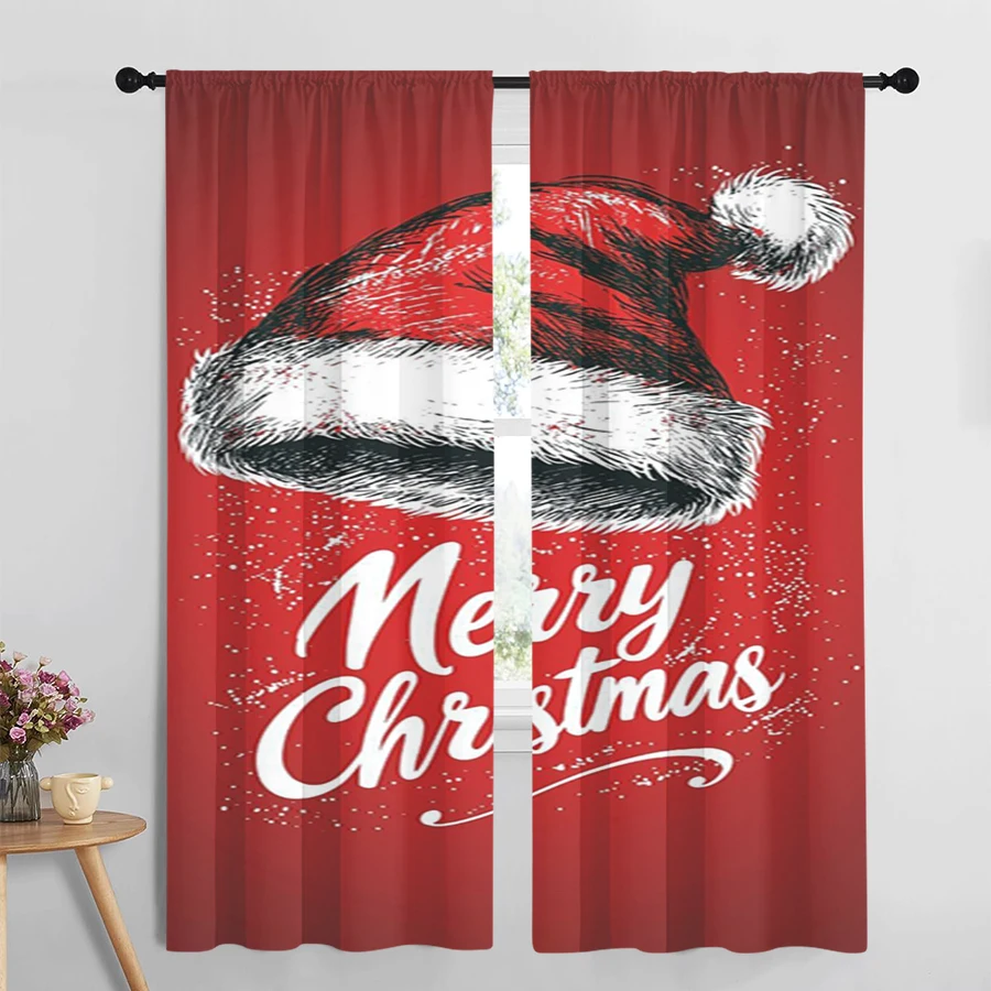 2PCS Christmas Digital Print Curtains, Santa Hat Merry Xmas Text Red Background, Festive for Living Room Bedroom Window Decor