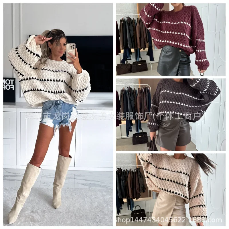 

Spring Summer New Color Block Striped Round Neck Long Sleeve Pullover Sweater Women Loose Casual Versatile Four Colors Optional