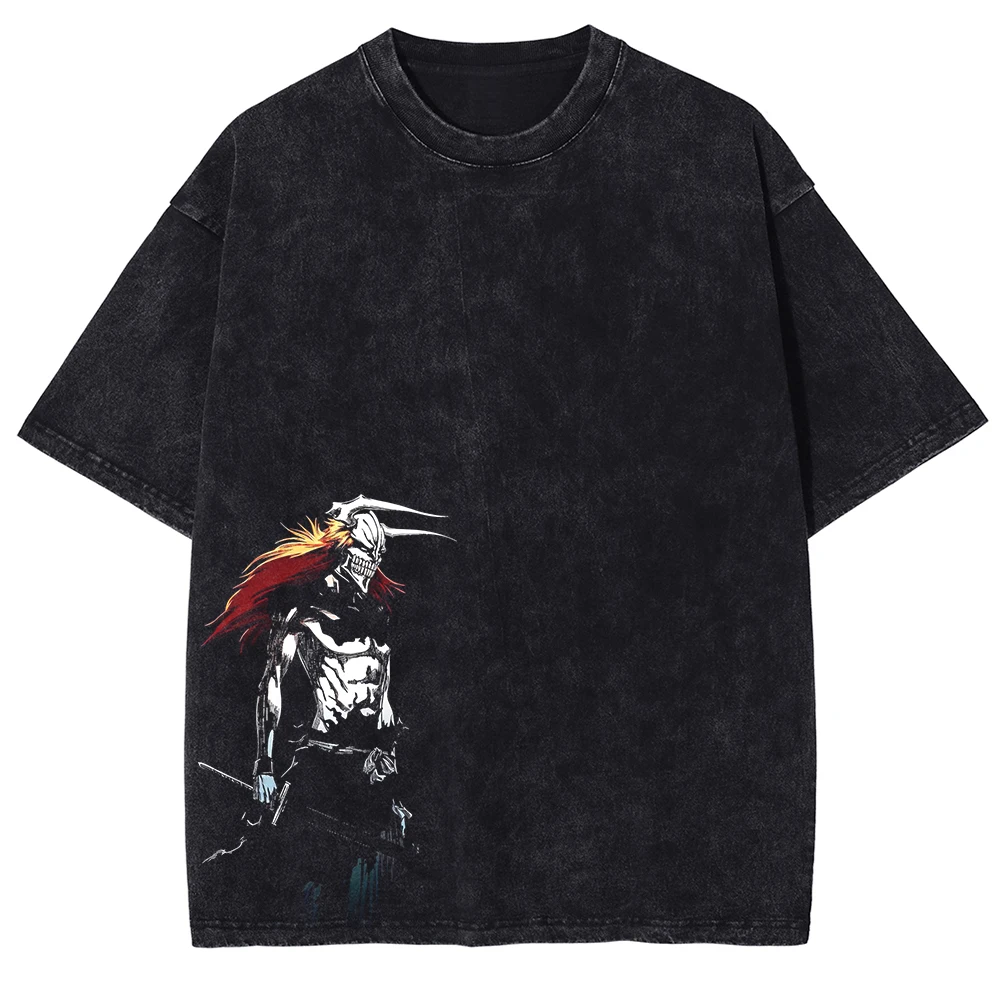 Bleach Kurosaki Ichigo T-shirt Vintage Washed Dark Anime Graphic Unisex Oversized Crew Neck Cotton Short Sleeve Tee Tops Hot