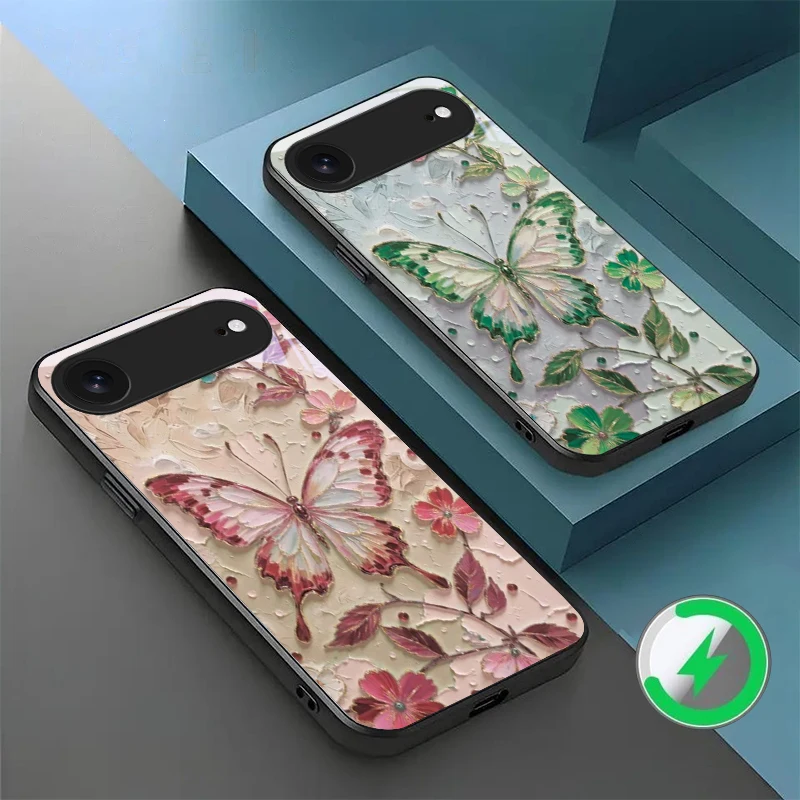 

Elegant pink butterfly suitable for iPhone 17 Pro Max 16E 15 Pro 14 13 Plus 12 mini 11 XR Xs 7 8 16 Air black Glass Phone Case