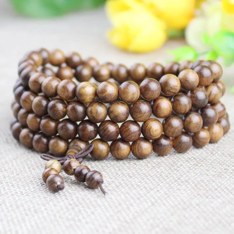 Natural Wood 108 Mala Beaded Bracelet Smooth Finish Mild Fragrance For Meditation Yoga Daily Wear
