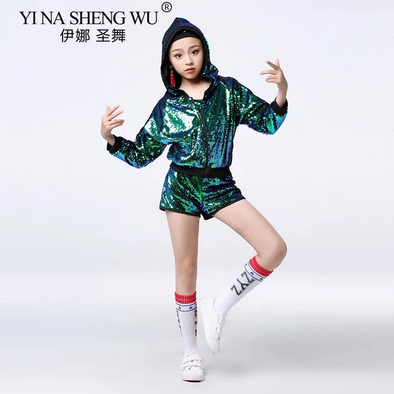 

Костюм для джазовых танцев для девочек, комплект из 2 предметов, темно-зеленый, с пайетками, для выступлений на сцене, для детских соревнований, для современных танцев