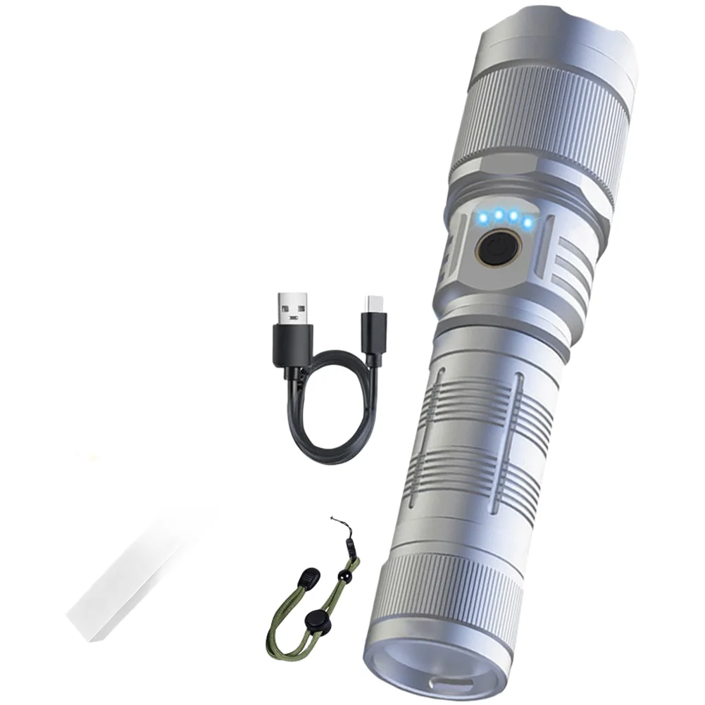 Linterna USB Plateada para Camping y Senderismo, Linterna de Aluminio para Exteriores, Haz de Luz Ajustable, LED Súper Brillante, Alcance de 500m