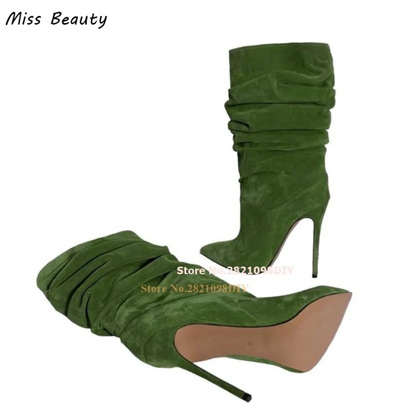 Green Suede Leather Slouchy Shirred Short Boot Pointed Toe Tubular 120Mm Stiletto High Heel Women Pointy Runway Bota