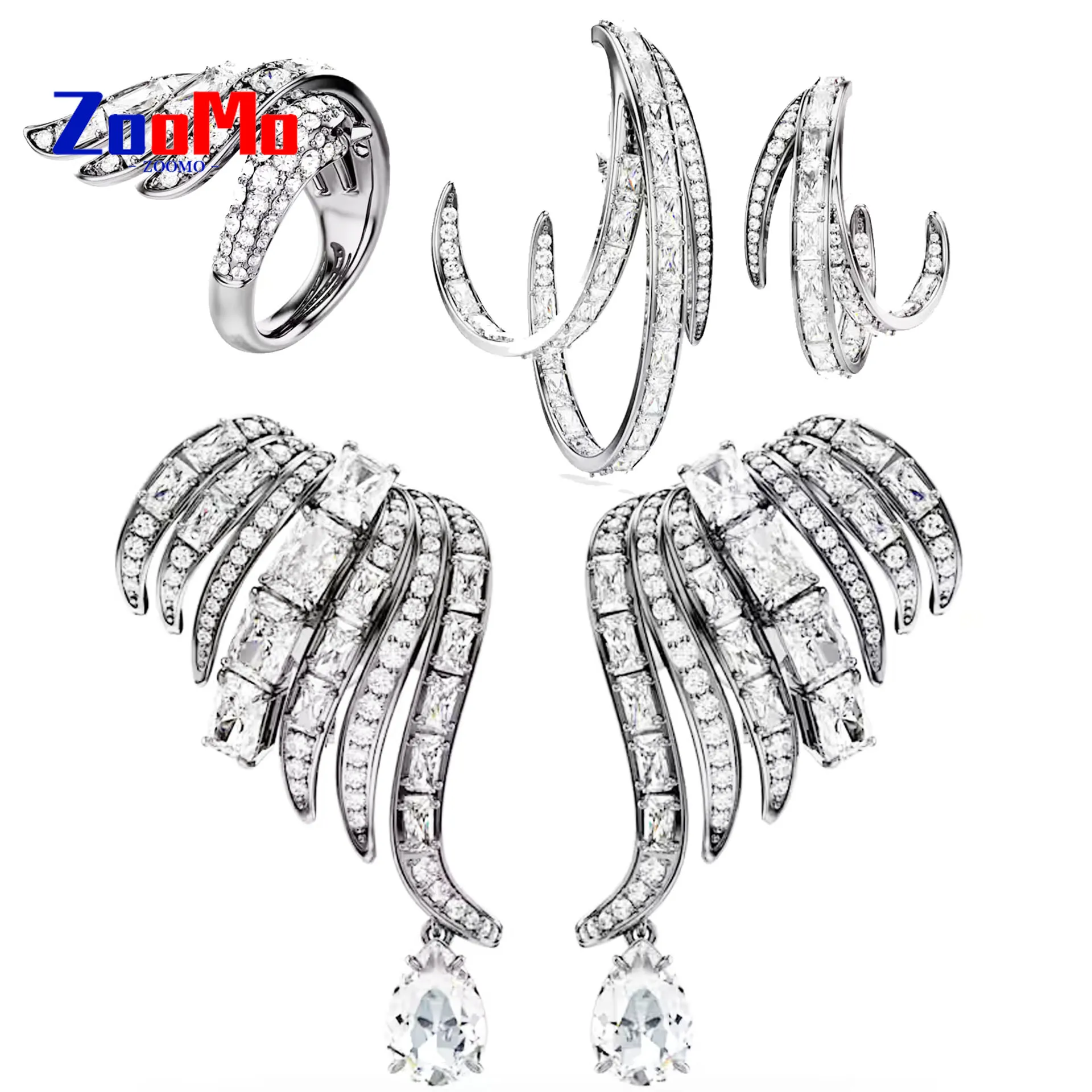 

Original Black Crystal Geometric Tassel Fine Jewelry Set Wing Earrings Necklace Bracelet Ring Romantic Gift for Women