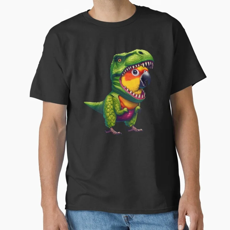 

Sun Conure Parrot Wearing Dinosaur Outfit Funny Bird Lover T shirt for man Large size Tops Funny parrot Graphic Printed clothes