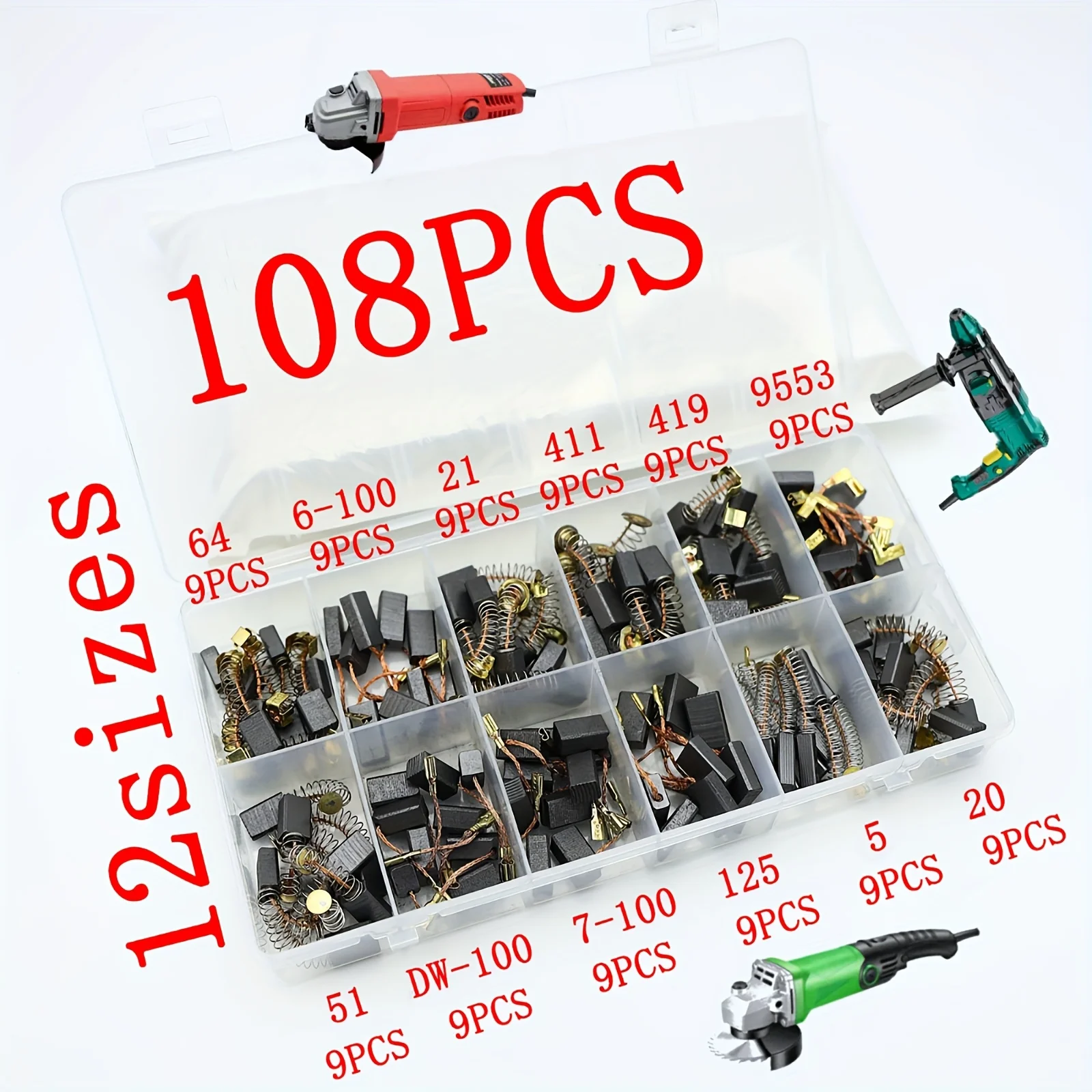 

108 угольных щеток, запасные части для набора угольных щеток для электроинструмента, доступны в 12 разных размерах, — это идеальный выбор для обслуживания и замены электроинструментов