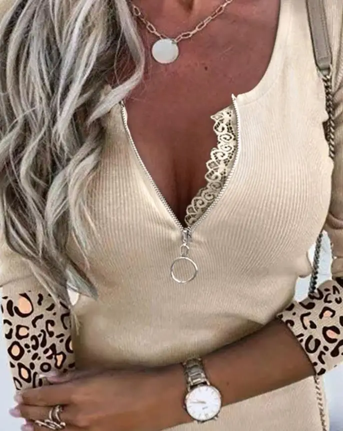 Women's Ribbed Zip Up Top Lace Trim and Leopard Print Cuff Design Stylish Casual Top