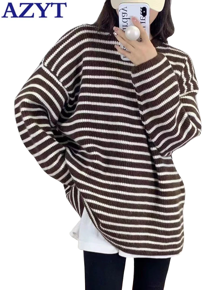 

AZYT O Neck Striped Sweater Knitted Pullovers For Women 2023 Spring Loose Knitwear Jumper Female Tops Casual Woman Sweater