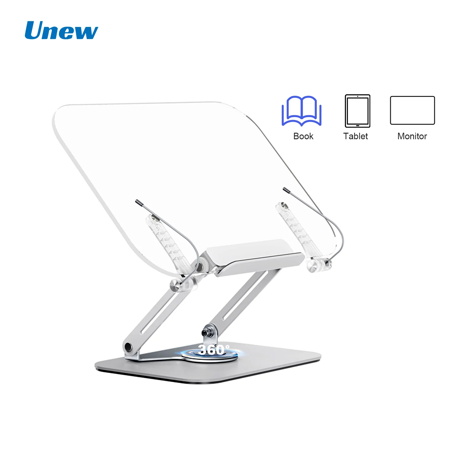 Unew Acrylic Transparent Reading Stand, 360° Rotation & Adjustable Angle for Books, Tablets, Monitors