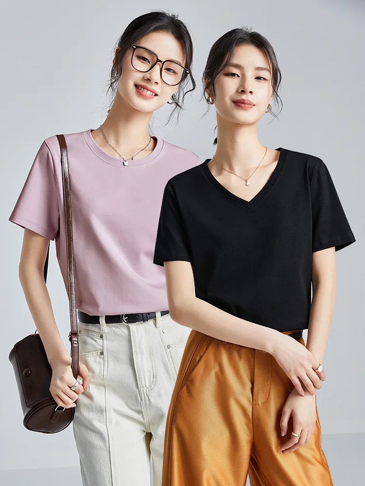 2026 Summer Women 80s Double Sided Mercerized Cotton T-shirt White Round Neck Short Sleeve Slim Fit Minimalist Casual Basic Tops