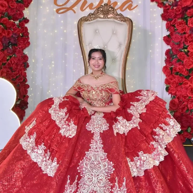 

Блестящее красное платье Quinceanera с открытыми плечами, многослойное тюлевое платье с блестками и бантом, платья de 15, Quinceanera ﻿ Индивидуальный
