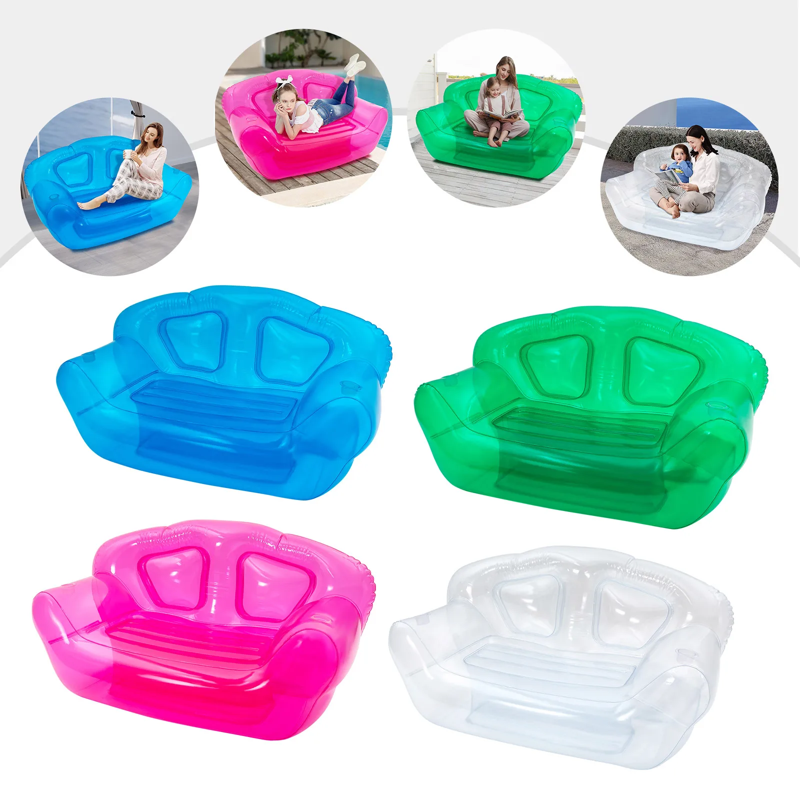 Inflatable Double Person Sofa Clear/Pink/Blue/Green Blow UP Chairs Portable Air Sofa Camping Yard Couchs Outdoor Activitiy