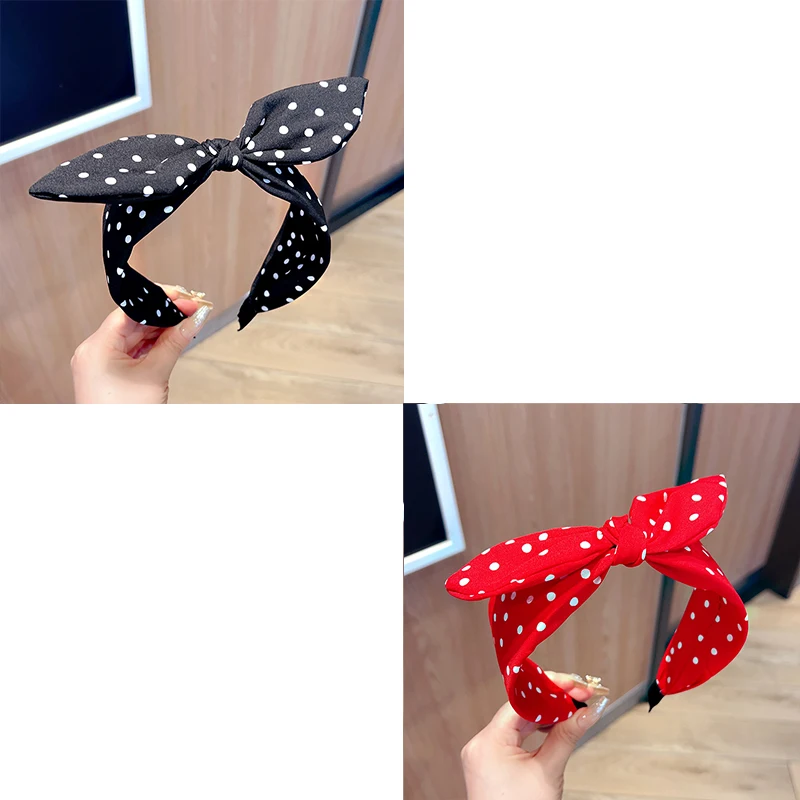Effen kleur stof Polka Dot Bow hoofdband voor kinderen Elegant temperament Brede hoofdband Mode meisje make-up haarband