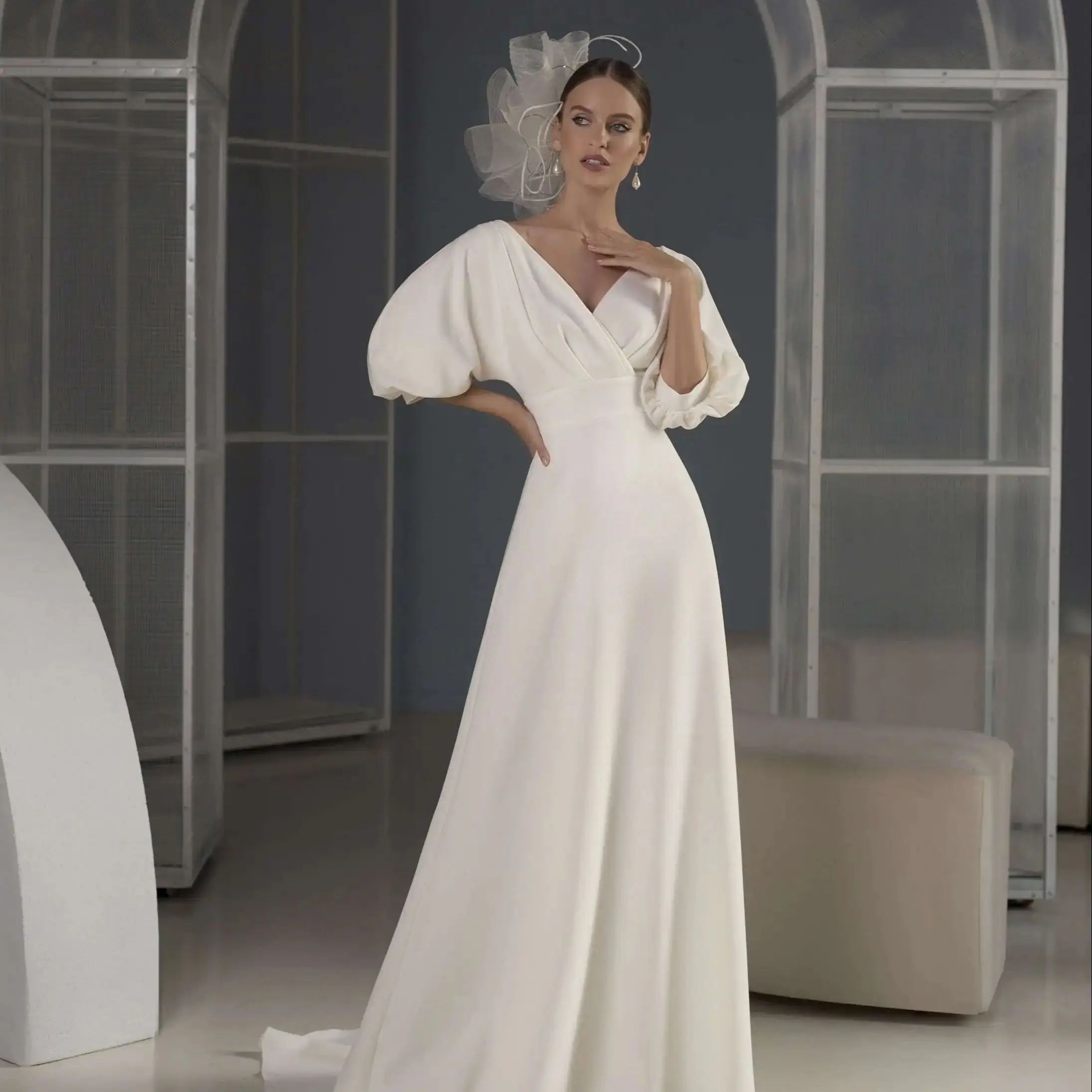 

Simple A Line Wedding Dresses for Bride Woman V-Neck Party Special Occasion Gowns Court Train Vestido De Noiva Customized