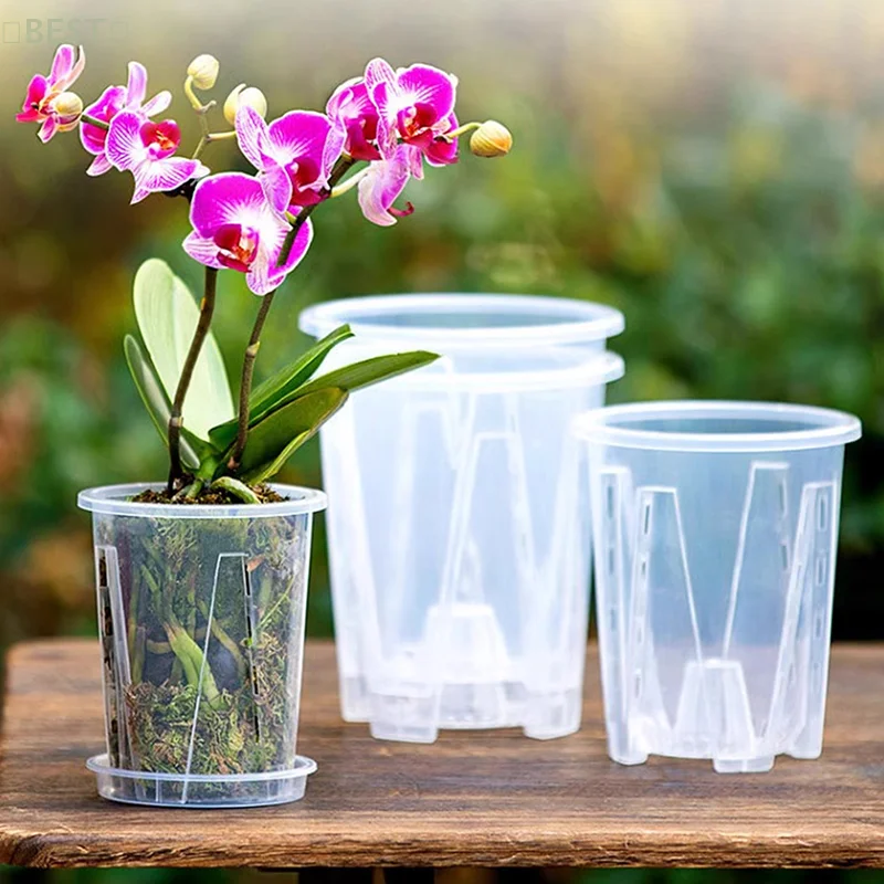 

Plastic Transparent Flower Pot With Pan Thickened Small/large Orchid Pot Hollow Transparent Flower Pot