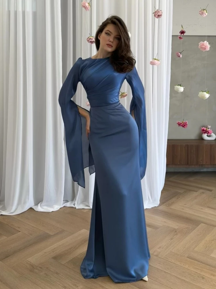 Sexy O Neck Batwing Sleeve Lace-up Slim Fit Long Dress Women Flare Long Sleeve Folds Maxi Dresses Elegant Evening Party Gowns