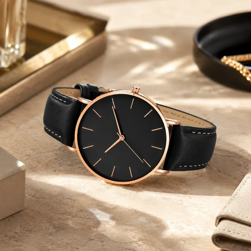 Relógio de quartzo masculino minimalista, luxo, ouro rosa, pulseira de couro, casual, negócios, relógio de pulso, presente, relógios masculinos