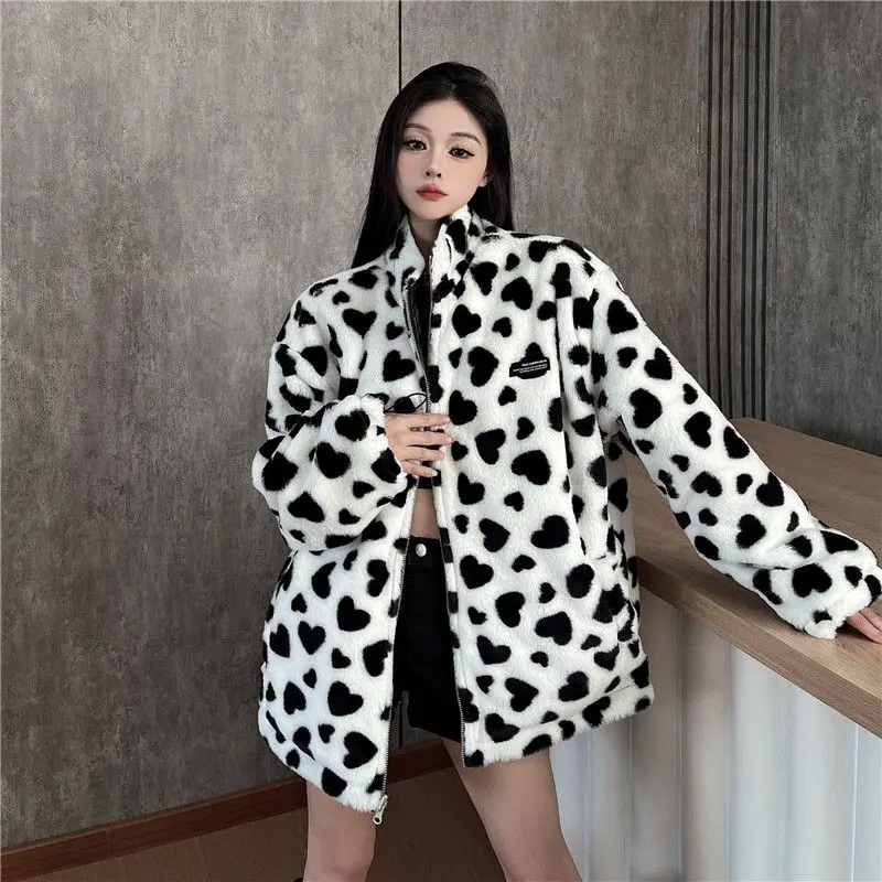 가을 겨울 여성 인스타그램 하트 모양 플러시 두꺼운 재킷 양면 가죽 코트 트렌디 아메리칸 레트로 스타일