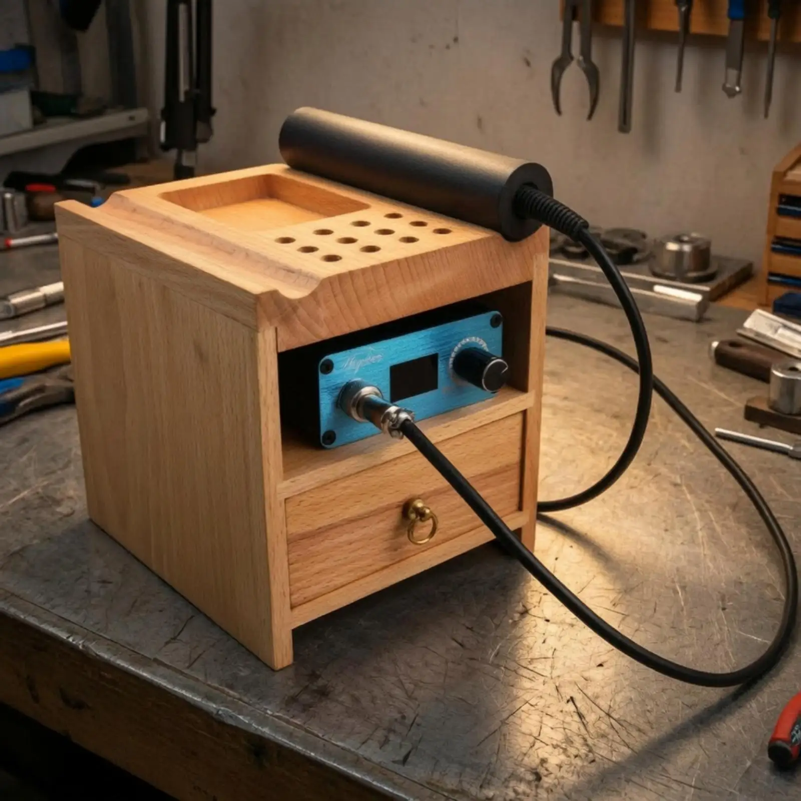Beechwood Storage Drawer Organizer with Raised Top and Precision Tool Holes for Soldering Station