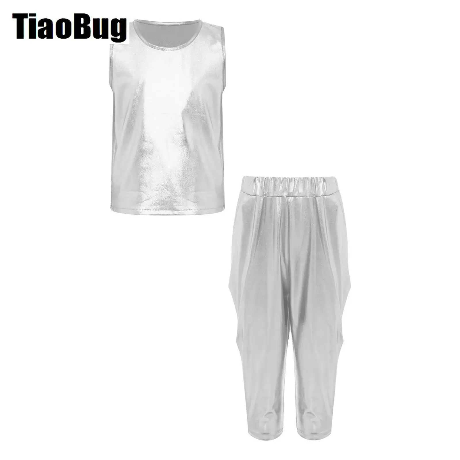 

Boys Girls Hip-Hop Jazz Dance Outfit Round Neck Sleeveless Metallic Vest Top with Ruched Cropped Pants School Stage Performance
