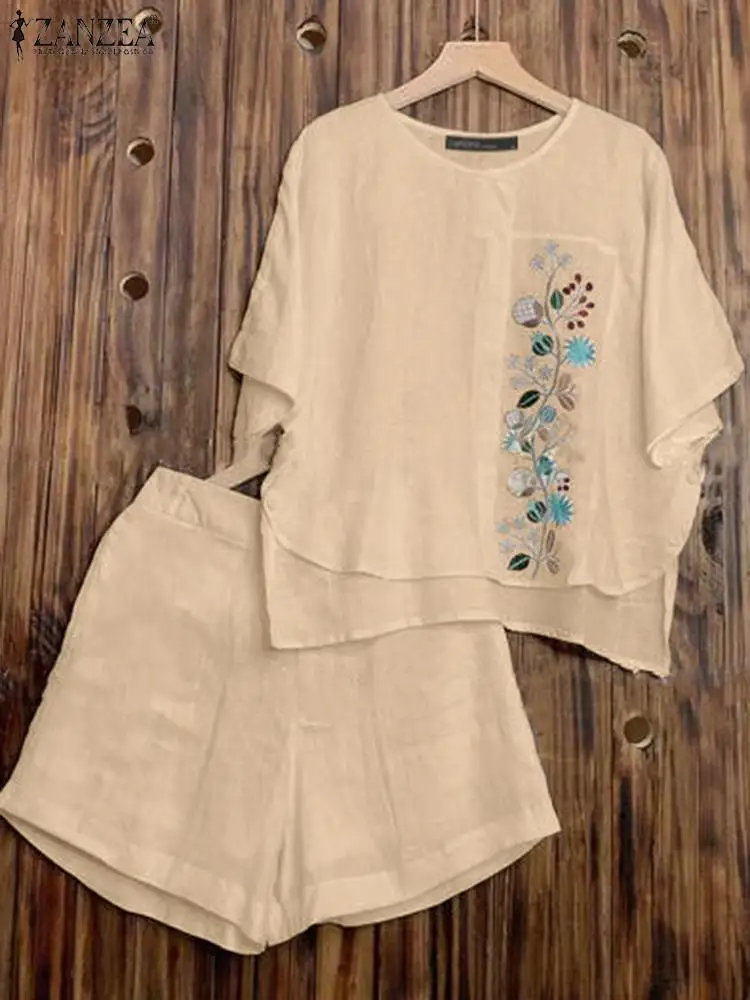 2024 ZANZEA Summer 2PCS Women Floral Embroidery Short Sets Casual Beach Holiday Tracksuit Vintage Short Sleeve Blouse Pants Sets