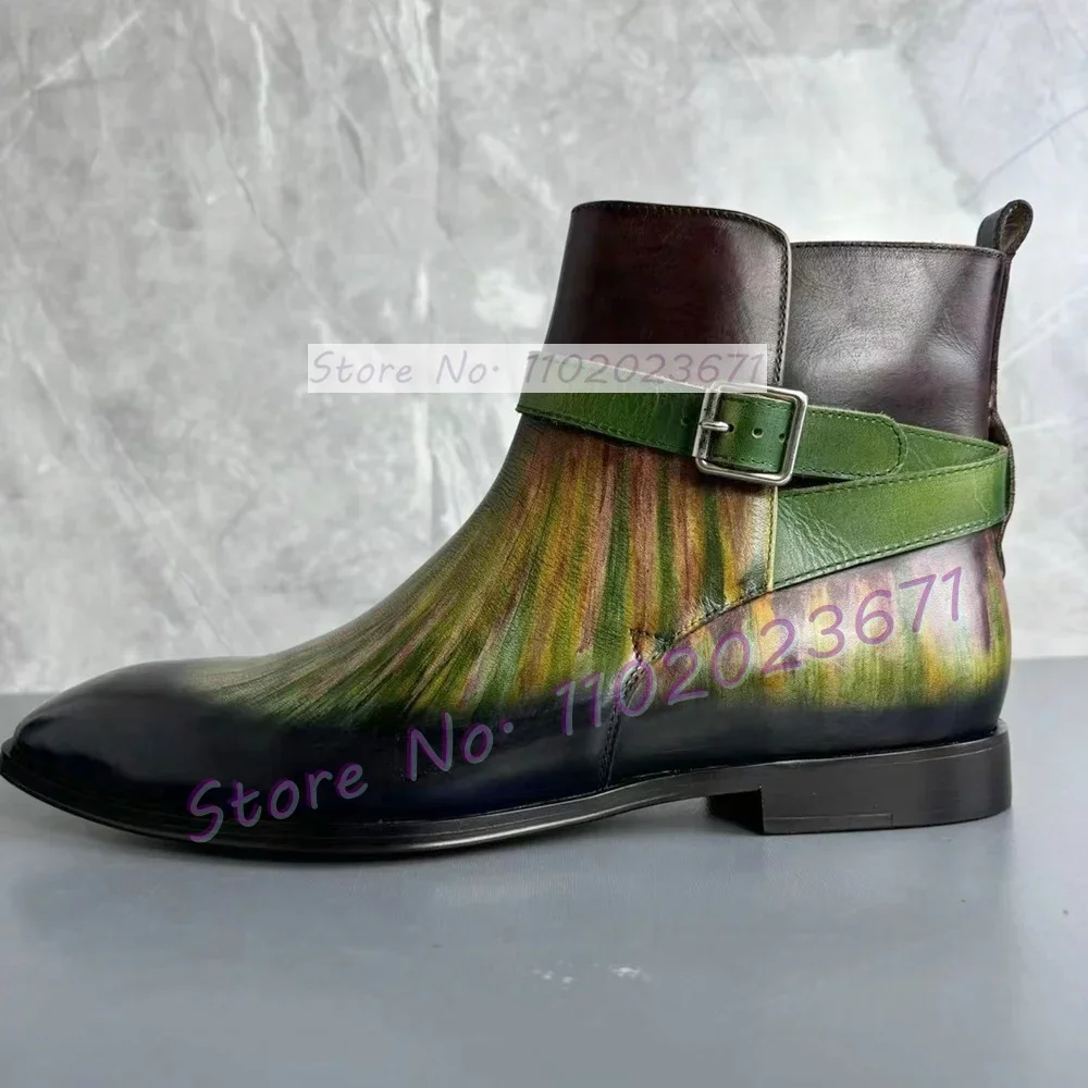 Men\'s Green Calf-Skin Leather Jodhpur Boots Polished Color Buckle Strap Party Shoes Fashion Slip On Gentleman Chelsea Boots