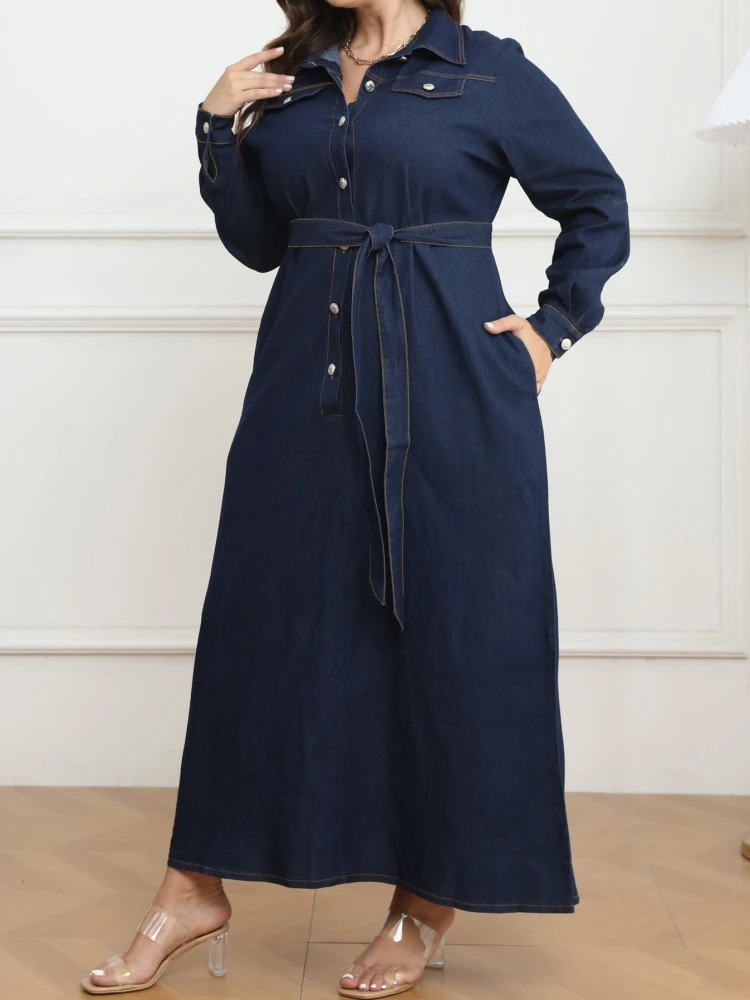 4XL 5XL Big Size Streetwear Denim Long Maxi Dress Women Spring Autumn Solid Color Button Up Shirts Dress Loose Casual Vestidos