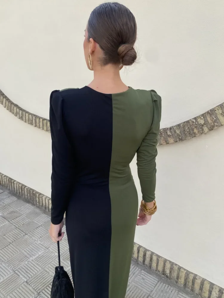 XIAOTANG エレガントなノースリーブカラーブロック長袖ドレス女性のセクシーな V ネックボディコンパーティーイブニングドレス冬の新しい Vestidos 2026