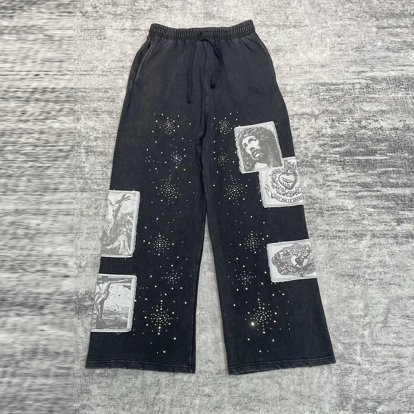 High Street Jesus Shinning Diamond Terry Sweatpants for Men and Women Drawstring Joggers Rhinestone Casual Trousers Oversized