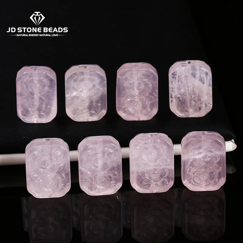 1 Pc Natural Pink Quartz Carved Flower Rectangular Shape Bead Charm Pendants For Jewelry Making Diy Necklace Bracelet Accessory