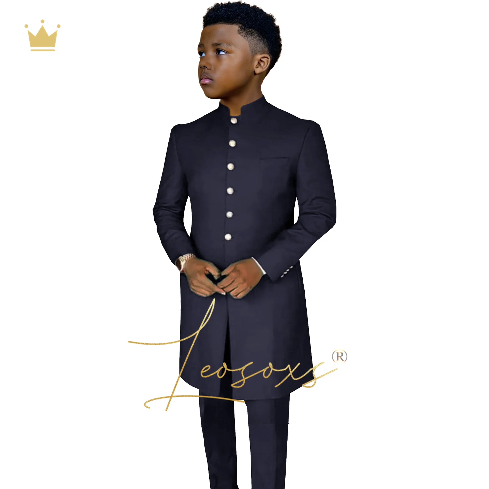 Boys African Style 2-Piece Suit Elegant Longline Jacket Single-Breasted Design for Ceremony Party Performance Hosting