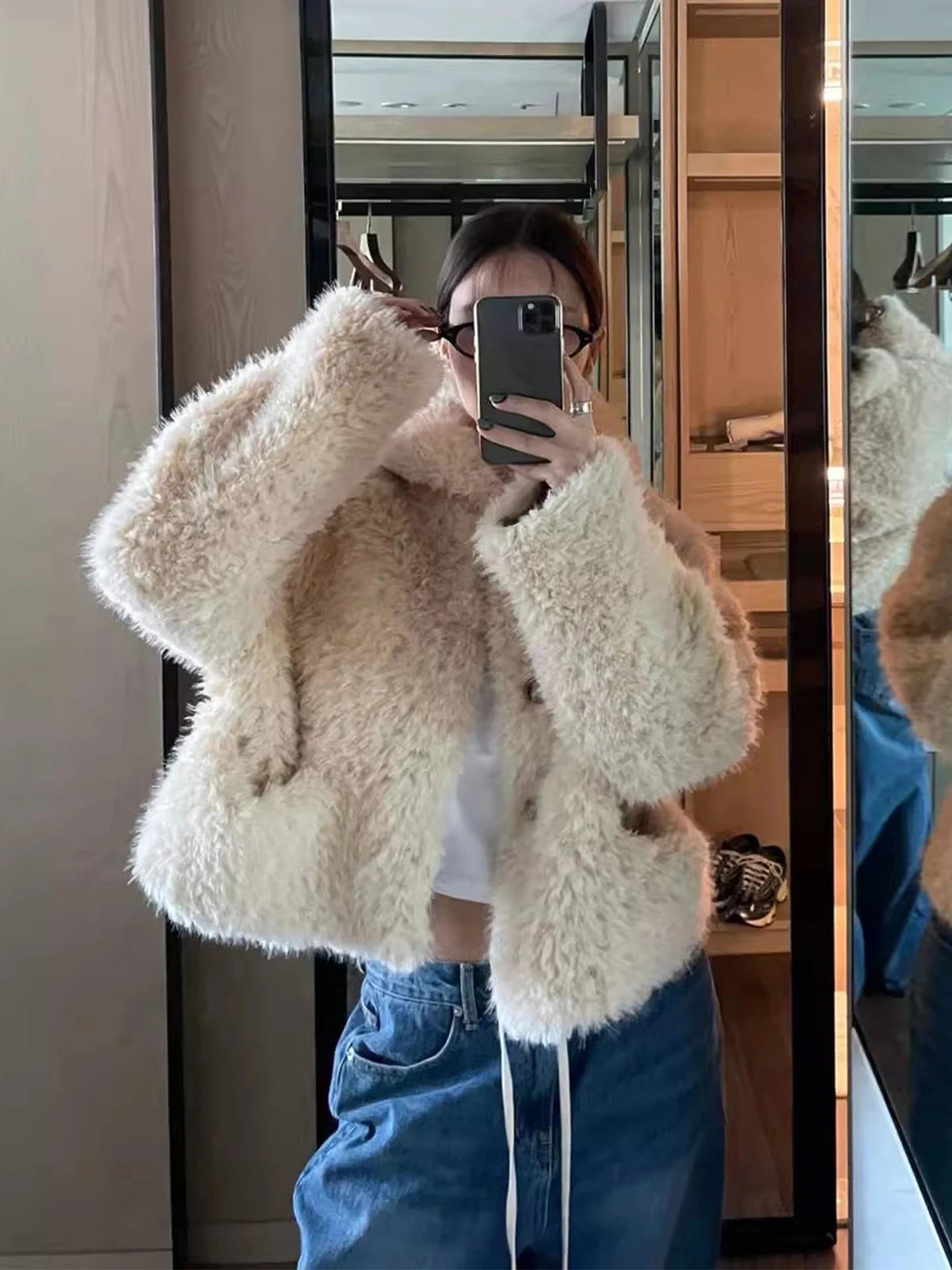 

Sli ort Pure Color Plu Jaet Женский двойной отложной воротник Winter Faion Корейский свободный крой Long Sve