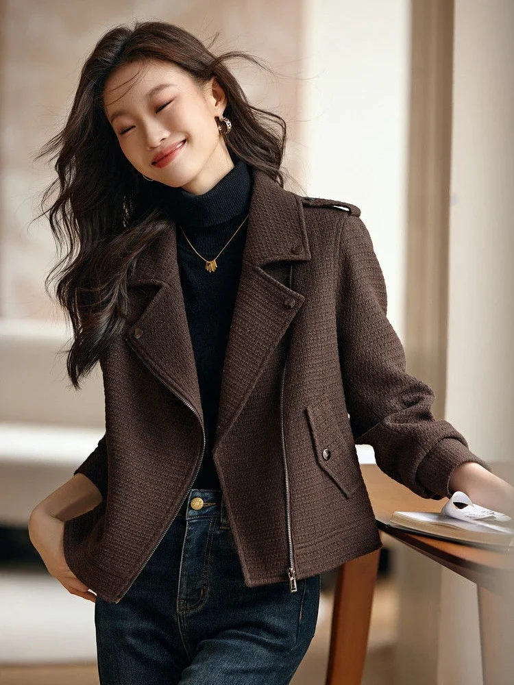 2024 Spring Women\'s Jacket Fashion Korean Slim Short Coat Pockets Turn-down Collar Zipper Solid Brown Jackets for Women