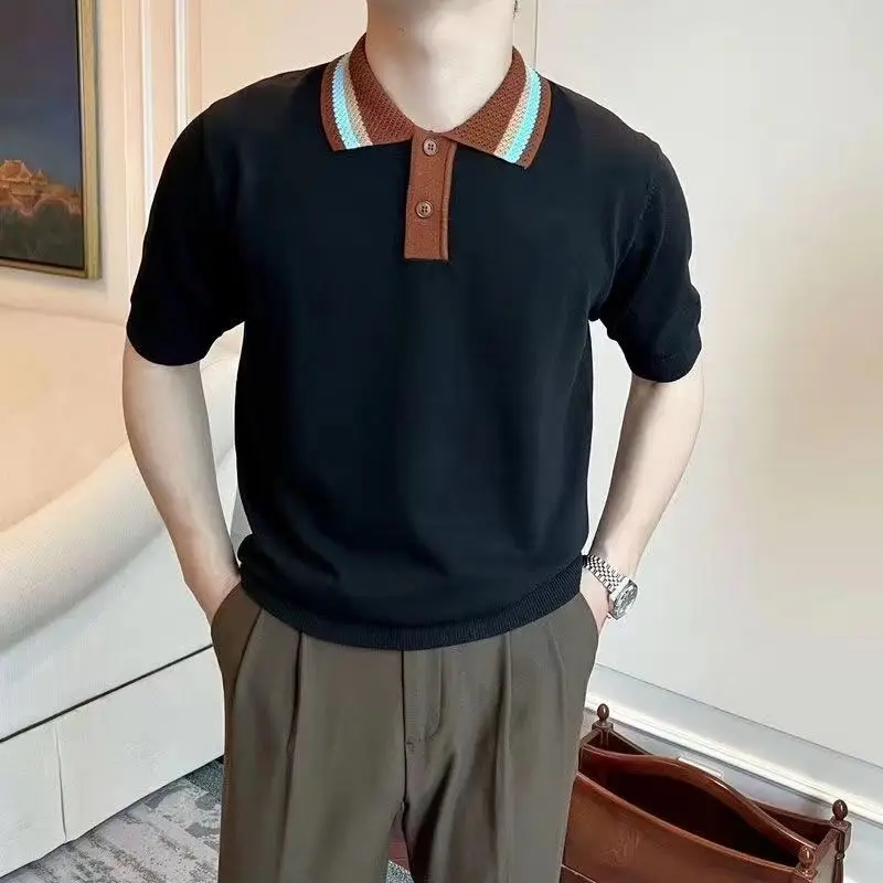 New Summer Knitted Short-sleeved Retro Casual High-end Lapel Contrasting Color Thin Knitted POLOT Shirt Trendy Ball-proof