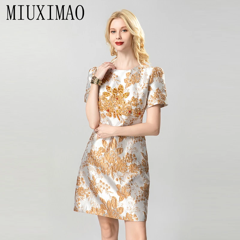 MIUXIMAO 2025 moda real lujo Jacquard vestidos de verano vestido Floral dorado A-LINE vestido corto de diamantes mujeres Vestides