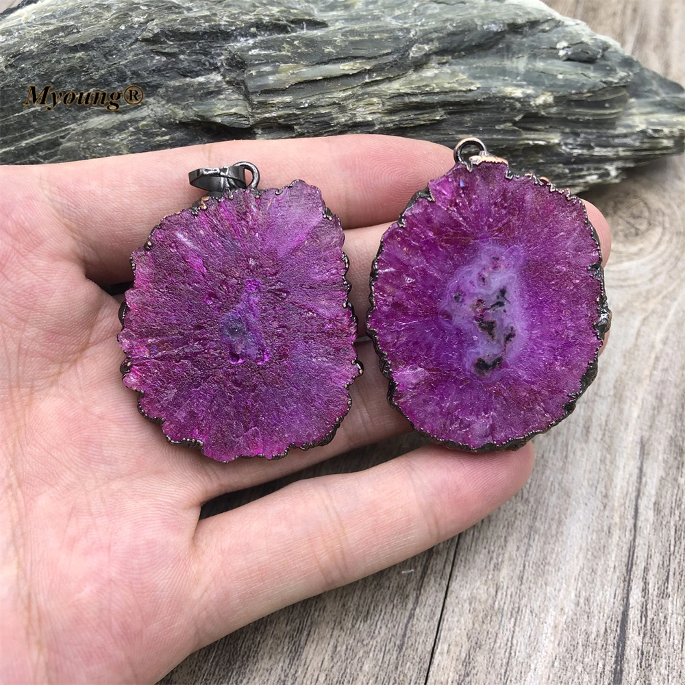 Bronze Plated Freeform Large Rose Red Stalactite Quartz Solar Druzy Necklace Vintage Pendants MY220783