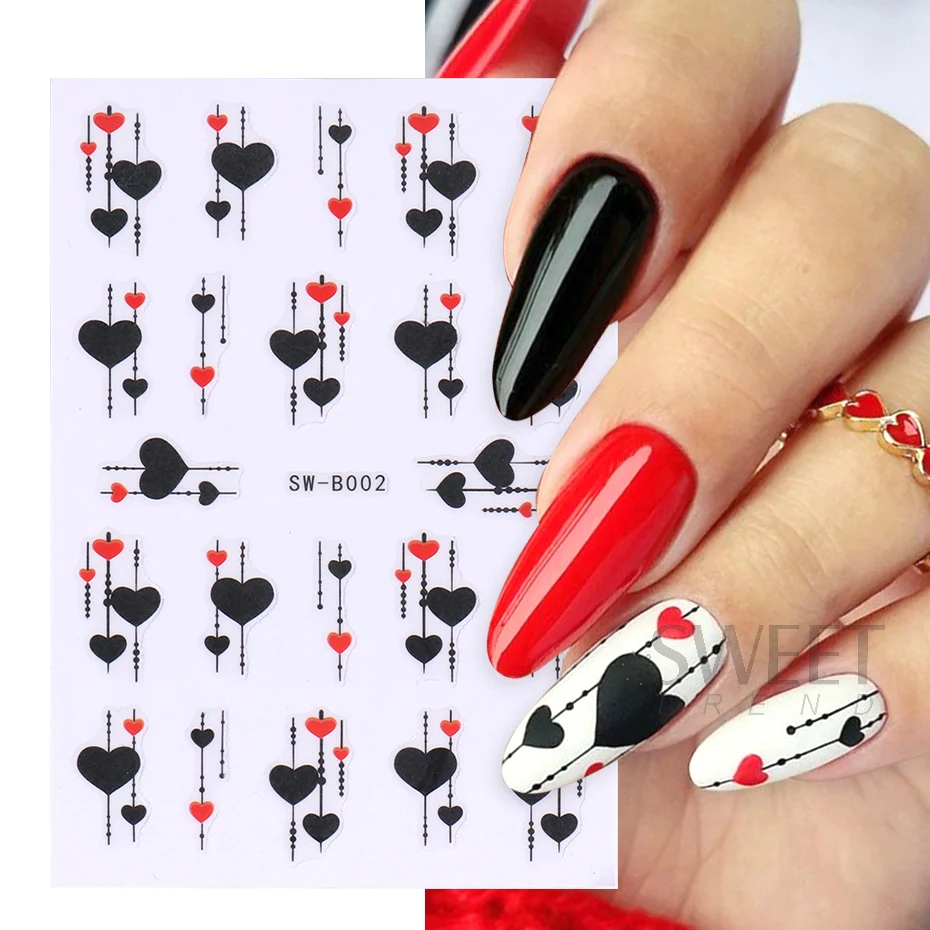 Sweet Valentine Love You Nail Art Stickers Black Heart Geometry Line Letter Adhesive Decal Flower Simple Manicure Foils Supplies